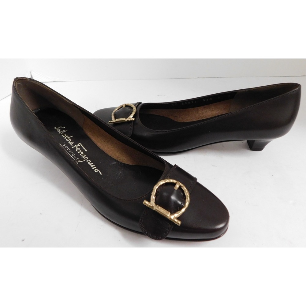 Salvatore Ferragamo Women's Brown Leather Slip-On Bow Gold Gancini 5 B NEW